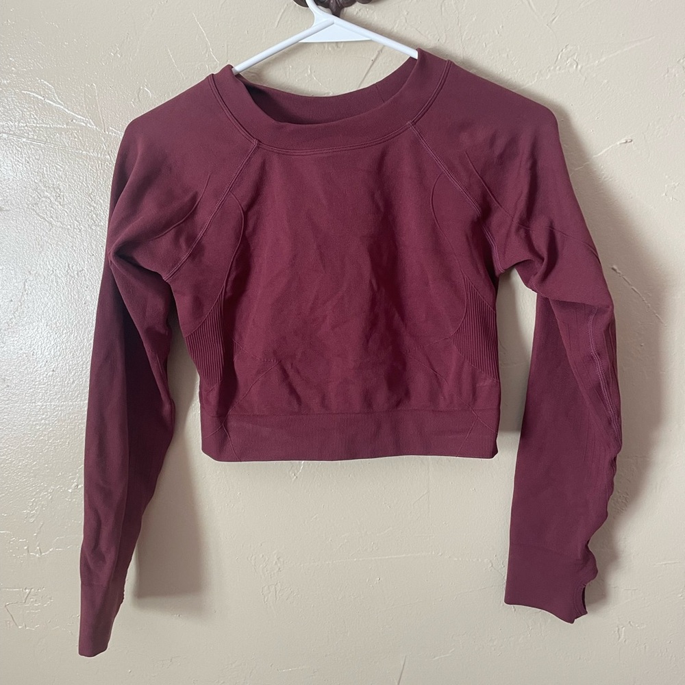 Burgundy Athletic Long Sleeve Crop Top